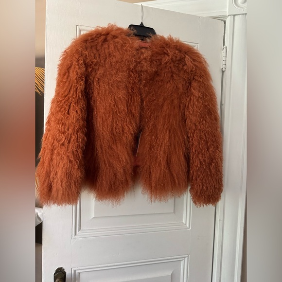 VINTAGE KOREAN TIBETAN LAMB FUR JACKET ORANGE BROWN SZ M - Picture 1 of 6